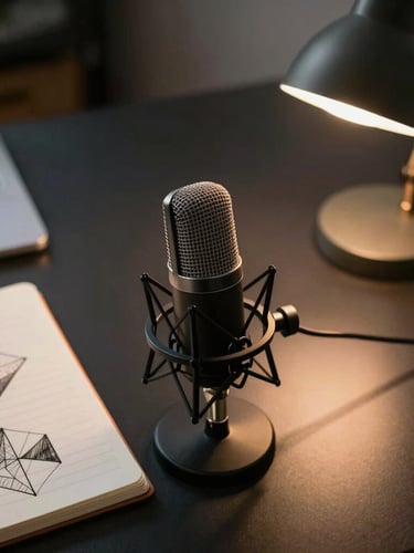 A close-up, moody overhead shot of a clean, dark creative desk with a professional podcast microphone, a notebook with geometric sketches, and a warm desk-lamp glow lighting the scene.