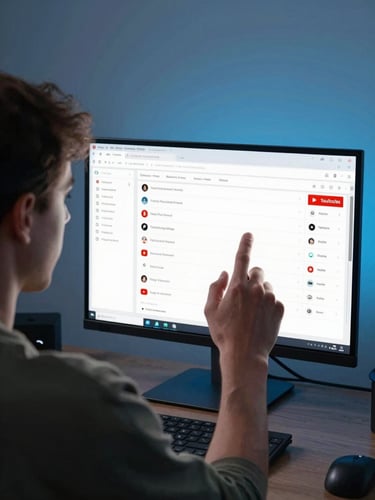 Over-the-shoulder shot of a digital creator analyzing a YouTube performance dashboard on a dual-monitor setup, cool blue studio lighting, crisp software UI visible