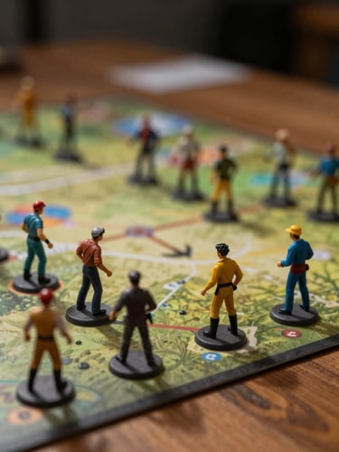 Macro shot of physical tabletop gaming terrain, detailed miniature figures, moody side-lighting casting sharp shadows across a wooden table, technical atmosphere
