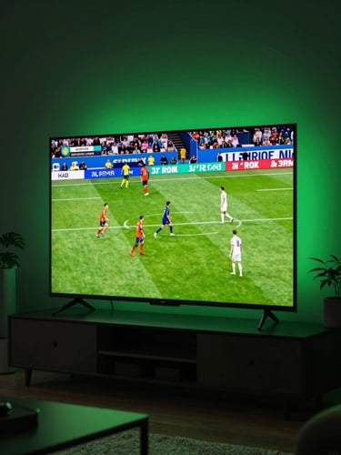 Cinematic digital photography of a smart TV screen glowing with a vibrant live soccer match in a dark cozy living room, neon ambient green light, sharp focus, 35mm