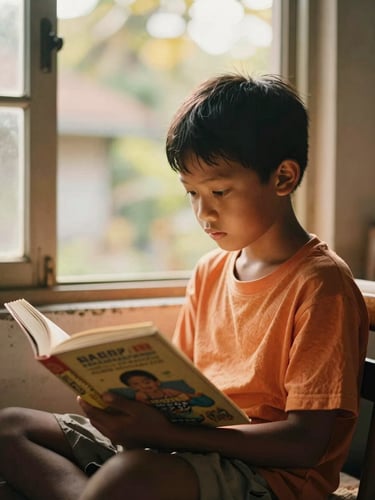 Warm editorial photography of an Indonesian child reading a book by the window, soft golden hour daylight, 35mm
