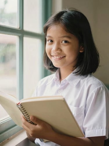 Warm editorial 35mm portrait of a young Indonesian girl in a clean school uniform, smiling as she holds a notebook, soft natural daylight coming from a window, rich organic tones, shallow depth of field.