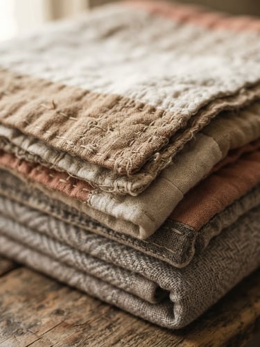 Macro close-up of folded heavy-gauge cotton quilts in clay and bone tones, showing hand-stitched edge details, soft afternoon window light, shallow depth of field.