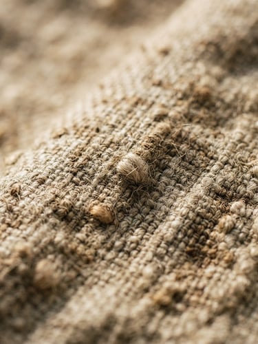 Macro close-up of heavy-gauge raw slub linen fabric, showing detailed structural weave, catching soft afternoon window light with gentle shadows, warm earth tones, shallow depth of field