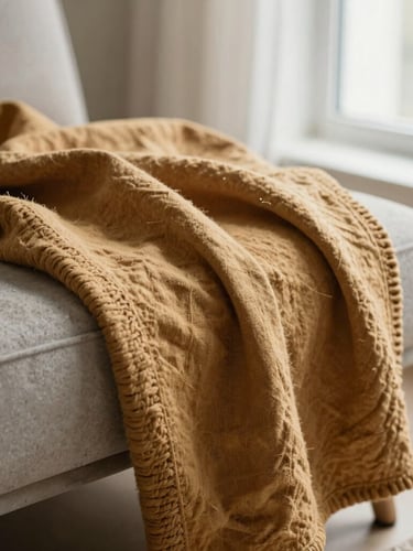 A close-up of a heavy ochre blanket draped over the arm of a low-slung modern concrete chair, soft raking window light highlighting the raw slub linen texture and thick woven edges, shallow depth of field