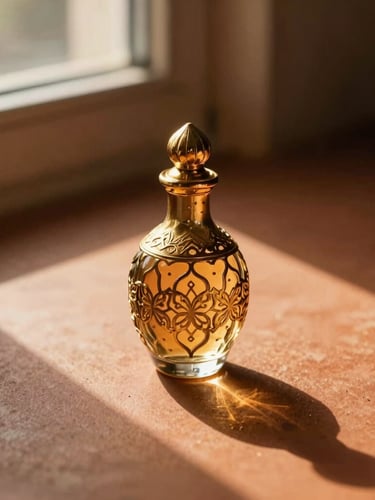 Close-up of an intricate gold and glass Arabic perfume bottle resting on a warm terracotta surface, golden hour window light casting long dramatic shadows, shallow depth of field, 35mm