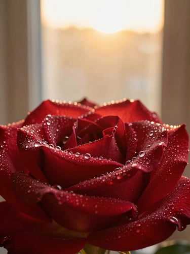 Macro photograph of rich red damask rose petals covered in tiny droplets of morning dew, warm golden hour backlighting, soft-focus background, 35mm