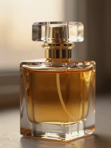 Macro close-up of a luxurious crystal perfume bottle reflecting warm golden hour light, amber liquid glowing inside, shallow depth of field, 35mm