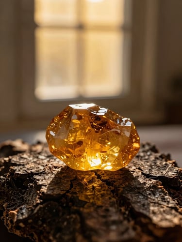 Close-up of a glowing amber resin chunk on a dark, textured wood bark, warm golden light illuminating the translucent resin from behind, shallow depth of field, 35mm