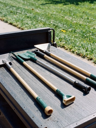 Crisp 35mm outdoor photography under bright natural daylight showing an organized flatbed truck loaded with clean landscaping tools, a sharp lawn edge visible in the background, rich greens and slate grays, sharp focus