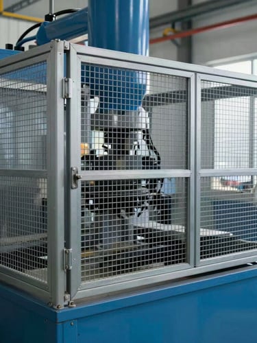 Industrial machine with physical safety barriers installed, steel mesh guards conforming to NR-12 standards, clean factory setting