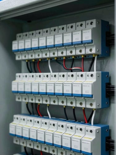 Close-up of a meticulously wired industrial electrical panel with PLC modules and safety relays, clean wire management, technical lighting
