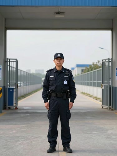 Wide environmental frame, right-edge bleed: a uniformed security guard in full-kit standing at an industrial facility entrance, facing forward with visible verification badge on chest, neutral overhead daylight, steel gate and perimeter fence receding into background — no smiling, strict operational posture