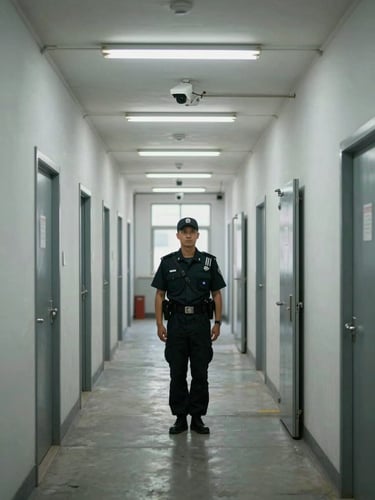 Wide environmental shot looking down a long industrial corridor at a uniformed guard conducting a patrol check, clinical overhead fluorescent lighting, security camera mounted high on wall in the mid-ground, concrete floor and steel doors, neutral daylight from a far window — operational, not posed