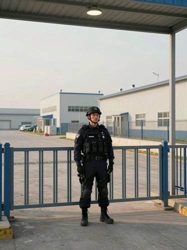 Wide environmental frame from a mid-height vantage: a uniformed security guard in dark tactical gear standing at the perimeter gate of a large industrial facility at neutral daylight, facility structures and fencing extending into the background on the right third, open forecourt to the left — clinical overhead light, no warm tones, no smiling