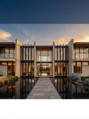 Wide-angle architectural symmetry of a luxury modern concrete and glass residence at golden hour, sharp focus, clean lines, 35mm