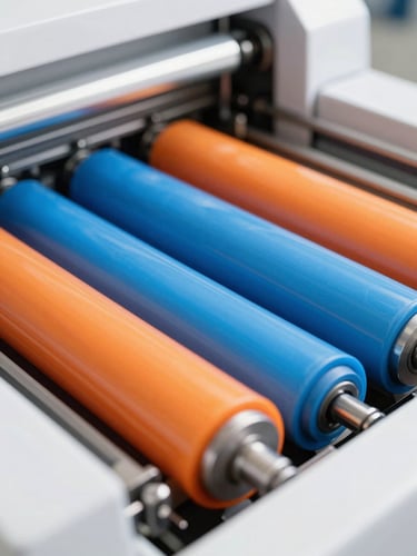 Macro shot of modern high-speed digital printing press rollers with vibrant blue and orange ink layers, bright studio lighting, shallow depth of field