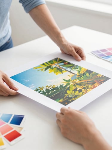 High-key environmental portrait of print specialists examining a large-format color proof under bright daylight, clean modern creative workspace, color swatches on the table, 50mm lens.