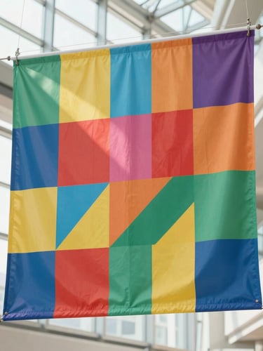 A wide-angle shot of a massive colorful event banner hanging in a bright, modern glass atrium, crisp natural daylight, vibrant saturated colors