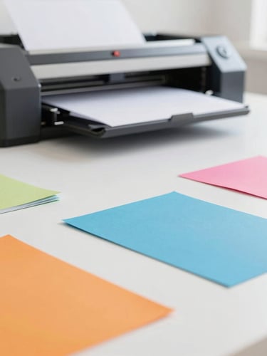 Bright high-key product photography, crisp natural daylight, a modern print studio with clean white tables, colorful paper swatches, and a high-precision digital press in the background, macro depth of field, 50mm lens.