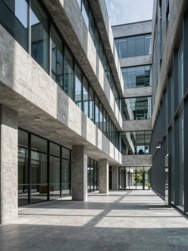 Extreme wide architectural shot of a modern concrete and glass office corridor, sharp geometric shadows, cool crisp morning light.