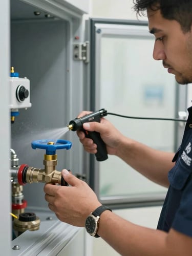 Close-up of a professional technician in a branded navy uniform calibrating a high-pressure water valve inside a modern Dubai utility room, sharp daylight.