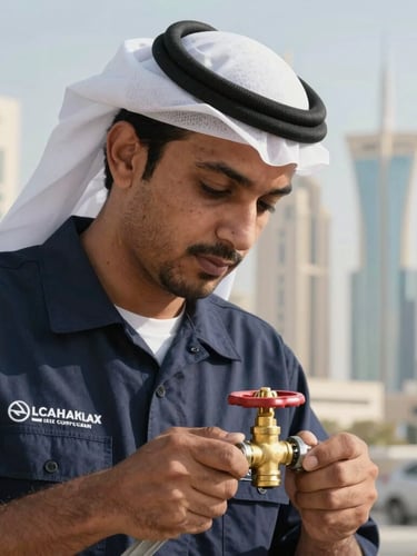 Close-up of a professional technician in a branded navy uniform tightening a brass valve with a wrench under bright daylight, Sheikh Zayed Road towers visible in background.