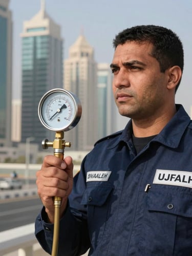 Branded navy uniform technician holding a technical pressure gauge with Sheikh Zayed Road high-rises blurred in the background, sharp daylight.