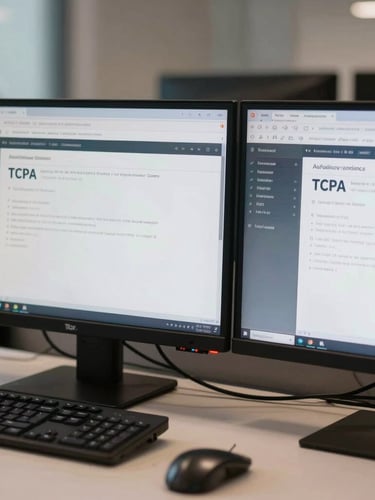 Close-up of dual monitors displaying automated TCPA compliance software, clean desk, professional office lighting.