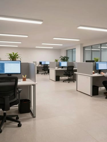 Wide-angle environmental shot of a clean, modern call center floor with professional office lighting, dual monitors displaying secure compliance dashboards, and organized workspaces.