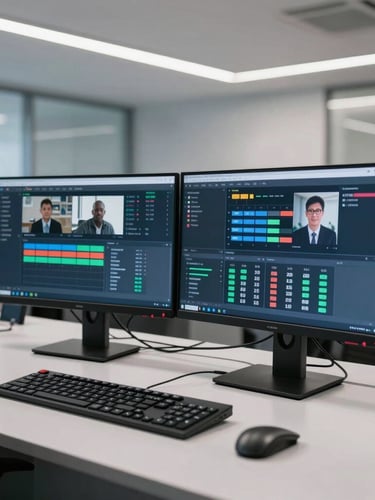 A modern enterprise operations center with secure dual-monitor workstations displaying real-time data visualisations and call routing dashboards, bright professional lighting.