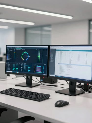 A high-clarity wide shot of a modern, clean operations floor, dual monitors displaying real-time data dashboards, bright professional office lighting.
