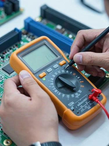 Close-up of a technician testing motherboard components with a digital multimeter, cool technical lighting, sharp focus, 35mm