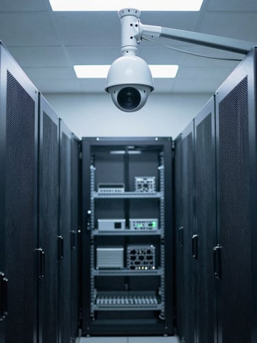 Symmetrical architectural shot of a high-mounted industrial CCTV camera overlooking an organized corporate server room, cool-toned technical lighting, 35mm