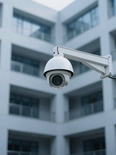 High-mounted industrial CCTV camera overlooking a structured corporate courtyard, cool technical lighting, sharp focus, 35mm