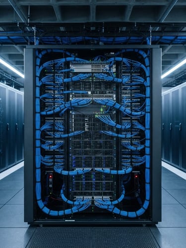 Symmetrical architectural shot of an immaculate server rack with organized blue structural cabling, cool technical lighting, crisp slate tones, 35mm