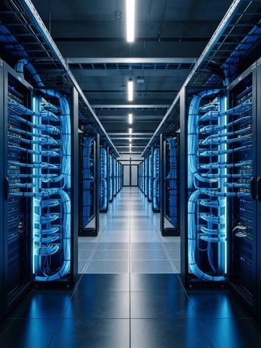 Symmetrical architectural shot of a clean corporate server room with immaculate blue-backlit cable management and server racks, 35mm, cool technical lighting.