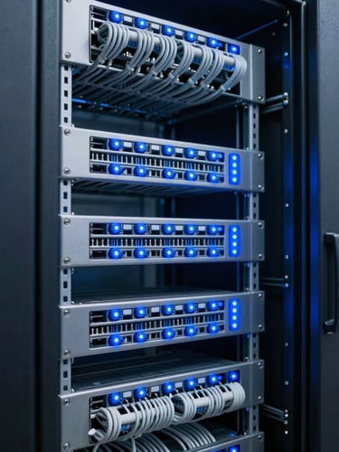 Immaculate server rack with clean structured cabling, electric blue status lights blinking, sharp architectural composition, 35mm