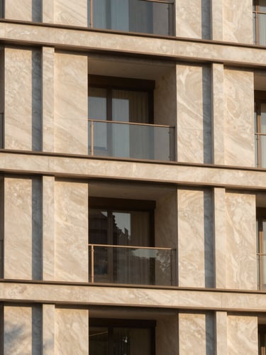 High-end real estate development in Istanbul, soft afternoon sunlight casting long shadows on modern architectural facade, minimalist composition, 35mm lens