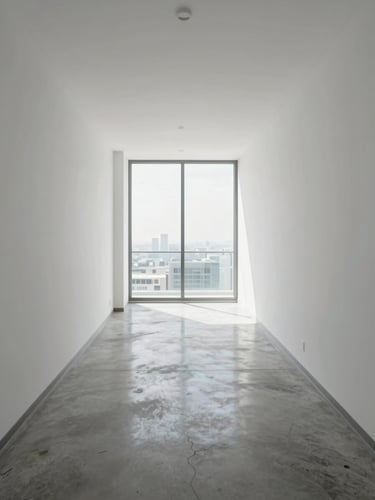 Wide interior corridor of a modern Dubai apartment, clean white walls and polished concrete floors receding to a floor-to-ceiling window, even daylight flooding the space, no furniture, architectural geometry sharp and unfiltered