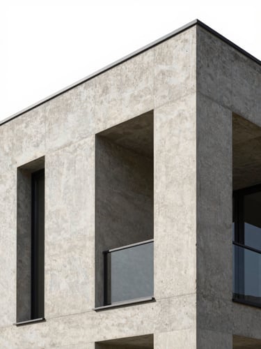 Close architectural detail shot of a villa exterior — rendered concrete facade, deep-set window reveals, precise shadow lines under midday light, no people, clean white sky, framing emphasises material quality and structural geometry