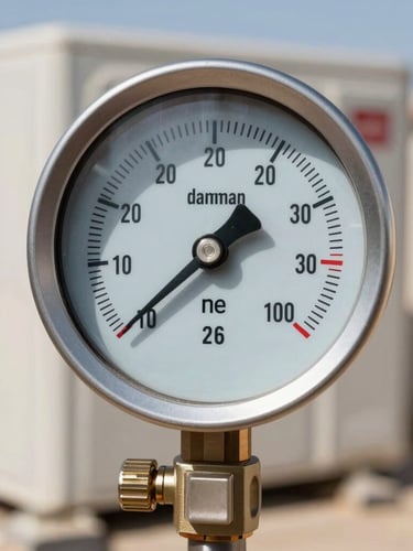 Macro shot of a digital manifold gauge displaying precise pressure readings on an outdoor AC condenser unit under bright Dammam daylight.