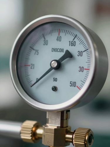 Close-up of a digital manifold gauge displaying refrigerant pressure calibration readings, sharp daylight, technical-industrial precision.