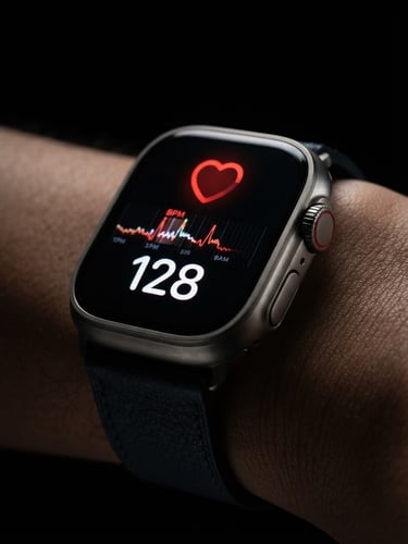 Close-up of Apple Watch Series 9 with active OLED screen showing heart rate, sharp rim lighting on titanium case, dark studio background