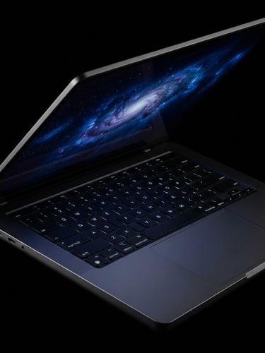 Macro studio shot of a space gray MacBook Pro open, showing a vibrant liquid retina display, sharp aluminum edges, dramatic low-key lighting, deep black background, ultra-detailed