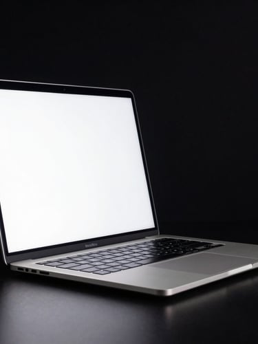 An open MacBook Pro showing a clean glowing screen, side profile highlighting the aluminum chassis, dramatic low-key studio lighting, deep black background, sharp reflections.