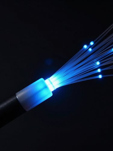 Macro shot of glowing fiber optic cable splicing, cool blue neon accents, sharp high-contrast studio lighting, dark-mode technology photography