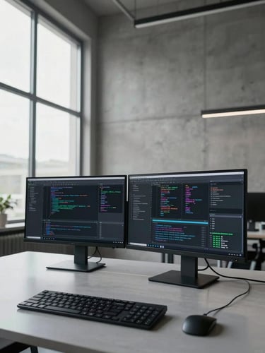 Wide overhead shot of a developer workstation in a sparse modern office, dual monitors displaying live deployment dashboards and code diffs, natural daylight from a tall window to the left, keyboard and trackpad in lower foreground, architectural concrete wall in background