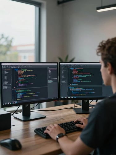 Wide environmental shot looking over a developer's shoulder at two large monitors displaying dense code in a dark IDE, natural daylight entering from a tall office window to the left, desk surface partially visible with mechanical keyboard, architectural studio setting, muted tones