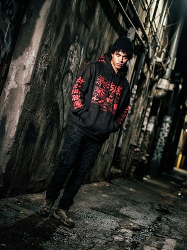 Dutch-angle gritty streetwear photo of a model in a heavyweight black hoodie with vibrant red graphics, high-contrast direct flash, harsh shadows against a raw concrete alley wall